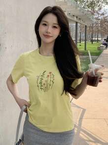 DAZY Áo thun ngắn tay thêu hoa, kiểu dáng thường ngày mùa hè, thích hợp cho lễ Phục sinh. - Màu Mù tạt vàng - Xem 4
