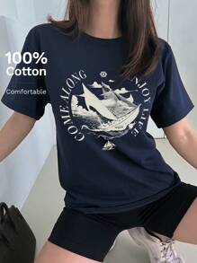 DAZY Women's Sailor Boat Letter Printed T-Shirt Summer Preppy Tops