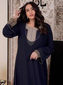 Al Najma Women's Spring & Summer Embroidered 2 Pieces Sheer Turkish & Arabic Style Maxi Dress Set, Modest Kaftan - Navy Blue - View 2