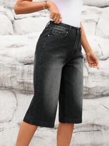 SHEIN LUNE Blugi Capri pentru femei, cu buzunare, cu picior larg, lejer, casual, versatili - Negru - Vizualizare 3