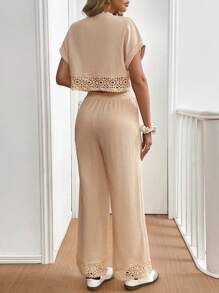 SHEIN Frenchy 2 Pcs/Set Ladies Casual Vacation Solid Color Lace Patchwork Short Sleeve 100% Cotton Top And Pants Set 100% Set Daily Wear Office Wear Old Money Style Clothing Vacation Outfits Woman  Vacation Outfits Women  Lounge Sets For Women - Apricot - View 2