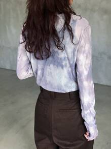 FRIFUL Women's Tie-Dye Multicolor Mesh Contrast Casual Blouse Long Sleeve Women Tops - Multicolor - View 5