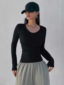 Dazy Star Women's Round Neck Ribbed T-Shirt,Fall Clothes Long Sleeve Women Tops - Black - View 2