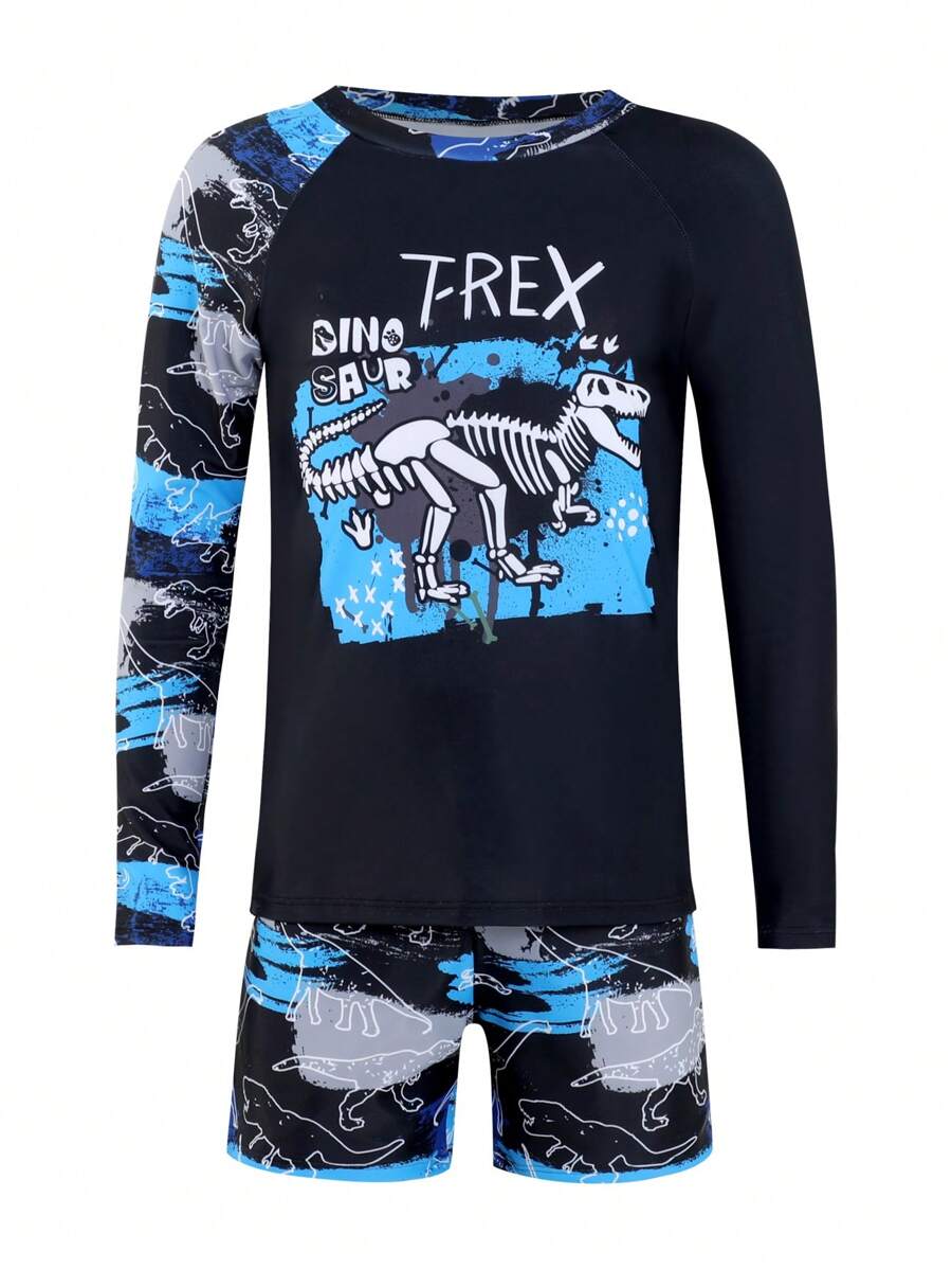 SHEIN Tween Boy Dinosaur Print Two-Piece Swimsuit,Long Sleeve Rash Guard & Shorts Set,Soft Sun Protection Swimwear,Black,Summer,Casual,Beach Water Sports - Multicolor - View 1