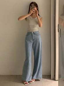 Dazy Tall 女士宽松直筒水洗牛仔裤，休闲都市风 - 中等水洗藍 - 查看 6