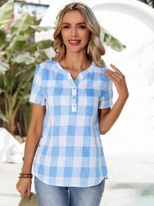 SHEIN LUNE Blusa casual de mujer con cuello con muesca a cuadros para vacaciones - Azul y blanco - Ver 5