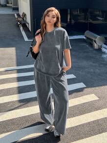 SHEIN EZwear Plus Size 2pcs Set: Distressed Acetate Gray Melange Loose T-Shirt + Wide Leg Pants, Cotton Suit, Comfortable Spring/Summer Outfit Casual Sets For Women