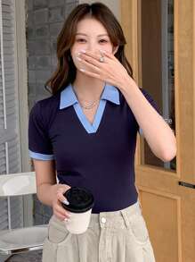 DAZY 撞色饰边罗纹针织 T 恤，商务休闲女装 - 藍色 - 查看 5