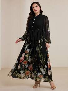 Modelyn 大码女式立领灯笼袖高端花卉印花雪纺连衣裙，优雅，修身，收腰，浪漫 - 彩色 - 查看 4