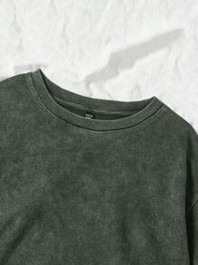 Comfortcana Plus Size Acid Washed Look Vintage Knitted Distressed Loose Fit Short Sleeve T-Shirt - Olive Green - View 3