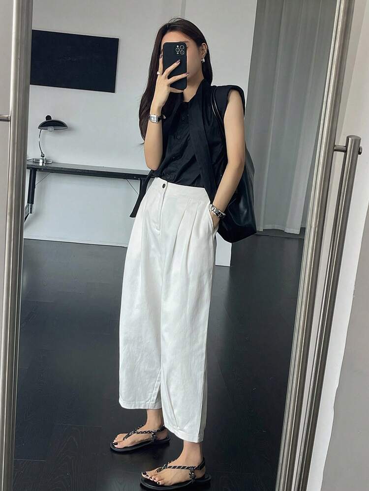 Women's Solid Color Button Pleated Casual Pants, Spring/Summer