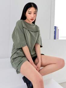 DAZY Slogan Graphic Drop Shoulder Tee Dress Sundress,Casual Women Dresses