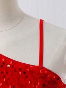 青少年女孩斜肩闪亮不对称下摆派对礼服、优雅女士、派对装、生日礼服、公主礼服。 - 紅色 - 查看 5