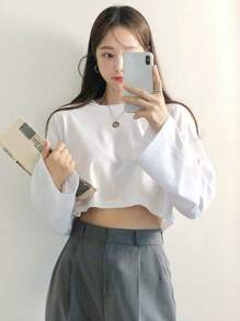 DAZY Solid Drop Shoulder Crop Tee,Fall Clothes Preppy Tops Long Sleeve Women Tops - White - View 7