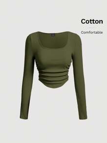 SHEIN MOD Square Neck Ruched Curved Hem Crop Tee