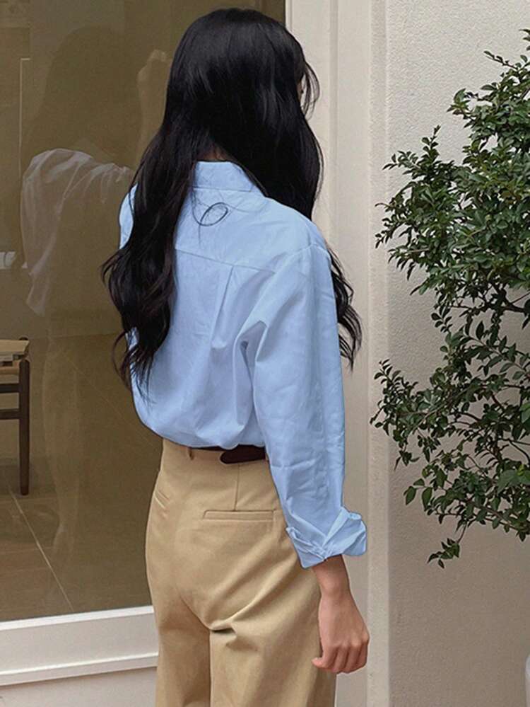 Camisa Casual de Trabalho de Manga Longa em Cor Sólida para Mulheres