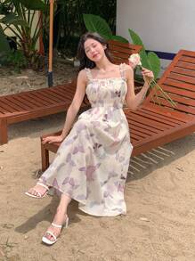 DAZY 女式蝴蝶印花细肩带连衣裙，束腰设计，夏季度假巡航女装太阳裙 - 紫色 - 查看 4