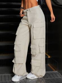 SHEIN ICON 休闲多口袋水洗直筒女式牛仔裤 - 卡其色 - 查看 5