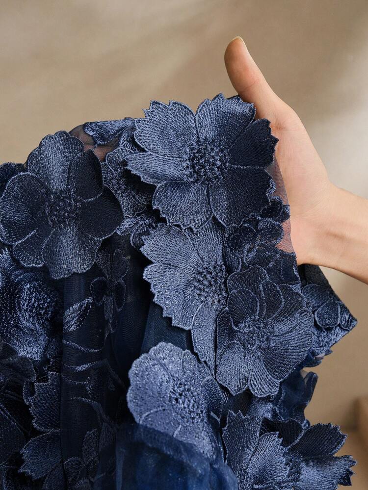 Women 3D Floral Short Mesh Long Sleeve Blouse, White