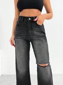 EURMUSE WOMEN HIGH WAIST WIDE LEG JEANS - Black - View 4