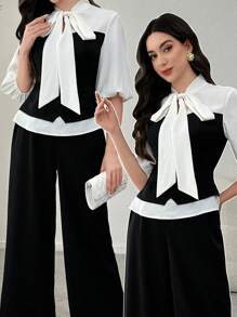 Modelyn 2 件女装套装：灯笼袖系腰上衣 + 休闲长裤，春夏 - 彩色 - 查看 1