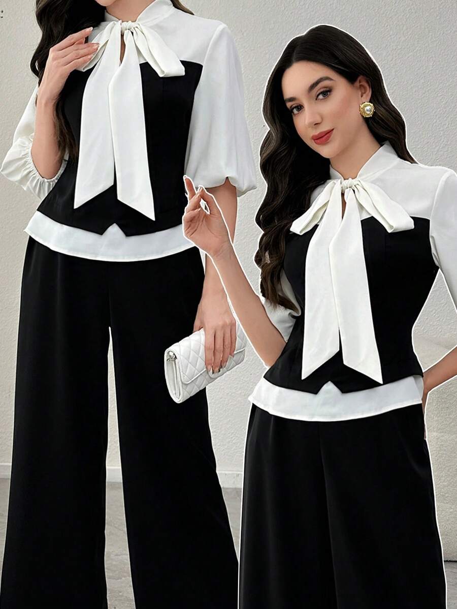 Modelyn 2 件女装套装：灯笼袖系腰上衣 + 休闲长裤，春夏 - 彩色 - 查看 1