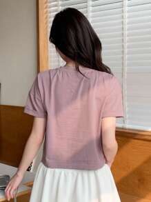 DAZY Kaos Wanita Lengan Pendek Warna Polos dengan Belahan di Bagian Bawah, Atasan Musim Panas yang Lucu - Purple - View 2