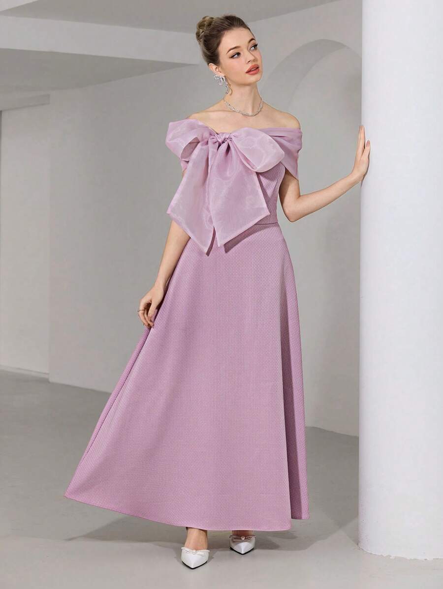 Modelyn Women's Elegant Solid Color Off Shoulder Bowknot Tie-Up Long Dress - Pink - View 1