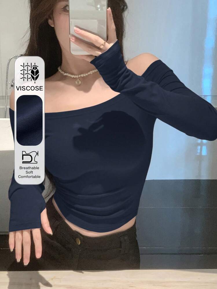Women's Scoop Neck Skinny T-Shirt, Solid Navy Blue, Spring/Summer,Fall Clothes Long Sleeve Women Tops Off Shoulder Top
