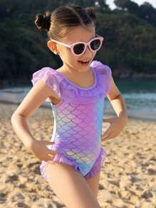 1pc Girls' One-Piece Swimsuit With Cute Fish Scale Pattern & Ruffle Net Pants - Multicolor - View 3