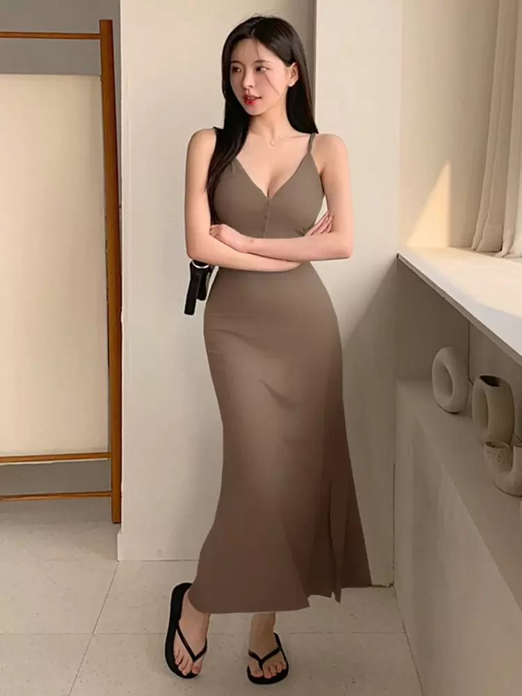 Women's Spaghetti Strap Ruched Waist Maxi Bodycon Dress Sundress