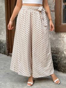 SHEIN LUNE Elegant Commute Vintage Casual Versatile Women's Fashion Floral Fabric Elastic Waist Loose Wide-Leg Pants, Plus Size, For Spring, Summer, Autumn