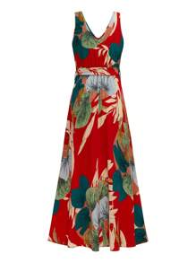 SHEIN LUNE Plus Size Women Tropical Plant Print V-Neck Sleeveless Casual Dress - Multicolor - View 2