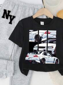 SHEIN 2 件赛车、跑车、NY、纽约市、年轻男孩印花休闲圆领短袖上衣和裤子套装 - 彩色 - 查看 3