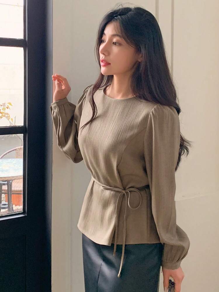 Women's Solid Color Round Neck Puff Sleeve Commuter Shirt Linen Long Sleeve Top