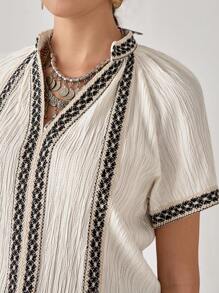 Florisole 女式 V 领无袖刺绣亚麻质感衬衫，波西米亚风格，春夏 - 杏色 - 查看 4