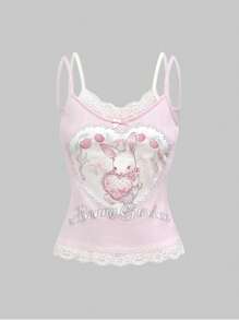 ROMWE Kawaii Women Cute Girly Rabbit & Bow Print 2-In-1 Outfit