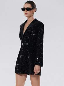 Aveloria Modichic Women's Elegant Waist Cinched Hybrid Material Patchwork Collar Cinched Waist Long Sleeve Sequins Velvet Party Dress Fall Cloth For Women