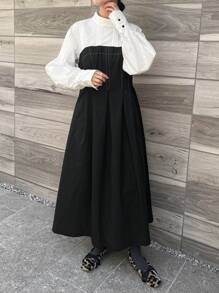 FRIFUL 女士拼接撞色中长连衣裙，秋季长袖连衣裙，及地长裙 - 黑色 - 查看 5