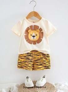Cozy Pixies 2pcs Baby Boy Cartoon Animal Print Soft Knit Crew Neck Short Sleeve Top & Elastic Waist Shorts Set