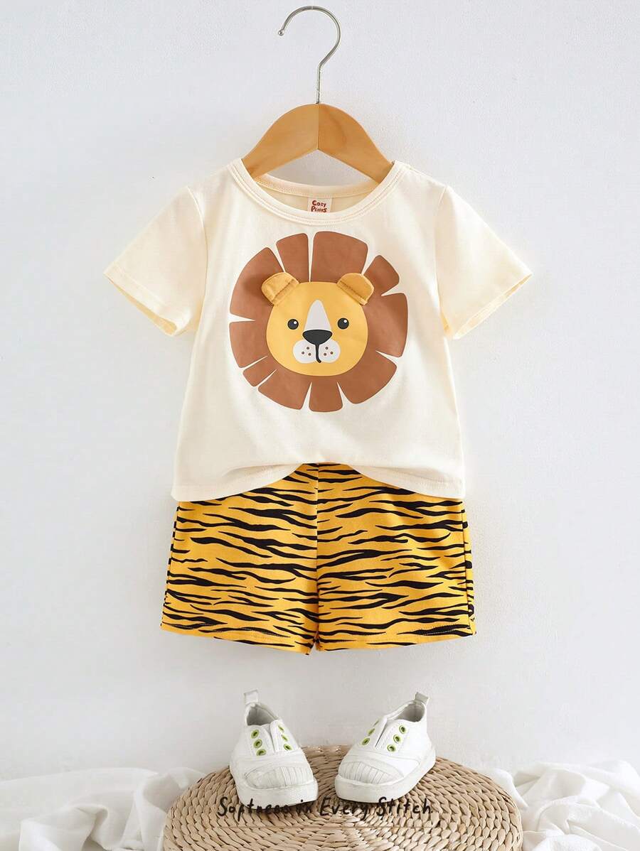 Cozy Pixies 2pcs Baby Boy Cartoon Animal Print Soft Knit Crew Neck Short Sleeve Top & Elastic Waist Shorts Set