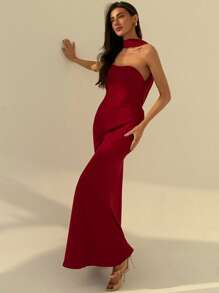 Aloruh 优雅系带性感露背长款正式晚礼服，百搭美人鱼风格连衣裙 - 紅色 - 查看 6