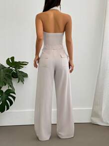 Flirla 女士套装：深 V 领上衣和高腰直筒裤