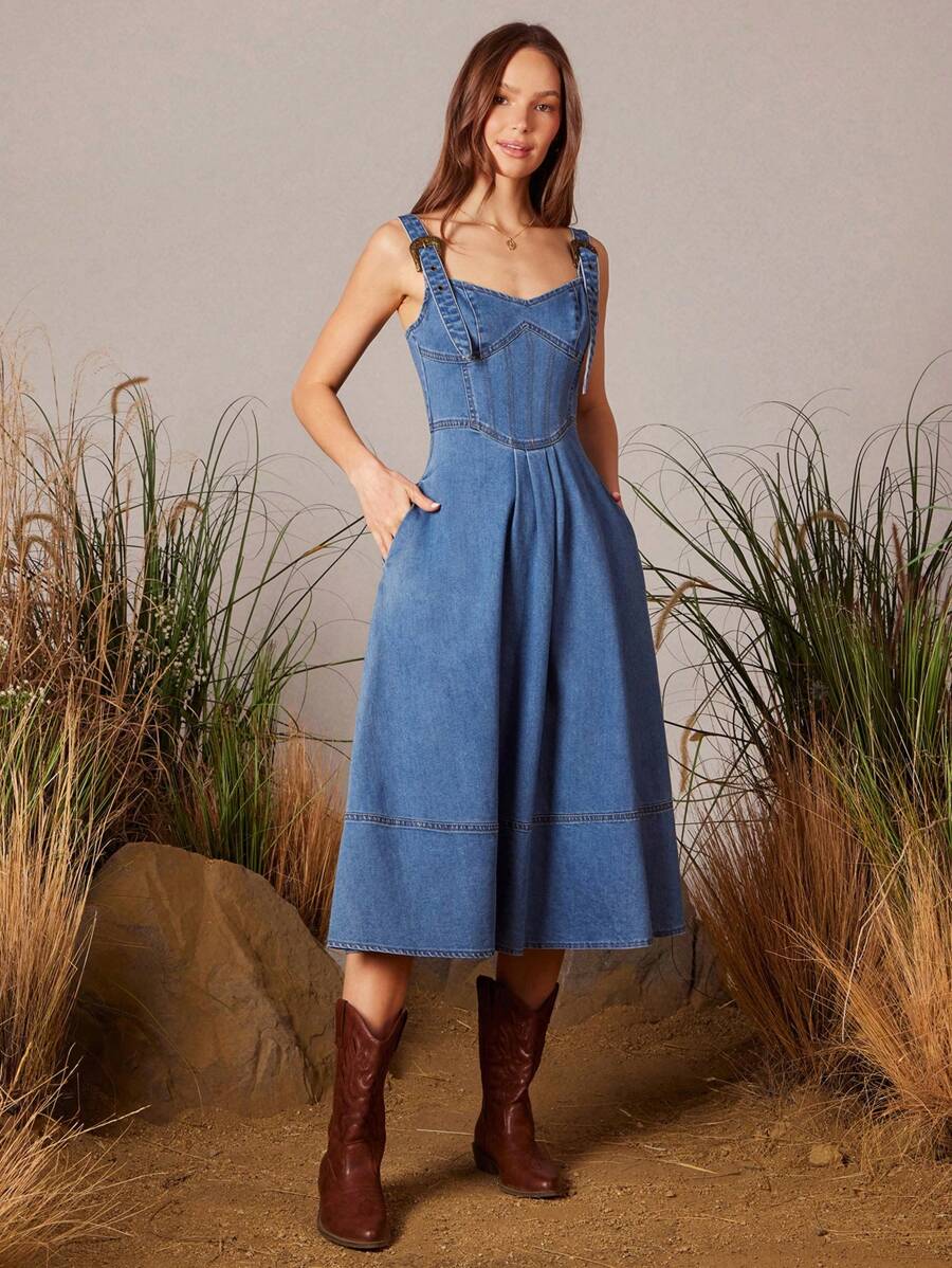 WESTFADE Sweetheart Neck Corset Style Fit And Flare Western Buckle Strap Sleeveless Denim Midi Dress Nashville Style Outfit - Medium Wash - View 1