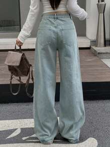 FRIFUL Jeans de pierna ancha casual y desgastados decorados con perlas para mujeres