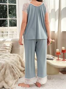 Sweet Sexy Lace Patchwork Silky Soft Plus Size Short Sleeve Top And Pants Set - Baby Blue - View 2