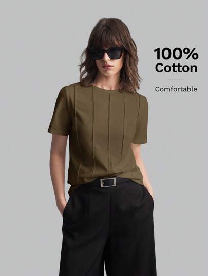 Ontre 2026SS New Solid Color Minimalist Daily Wear, Women's Round Neck Short Sleeve T-Shirt, Khaki Short Sleeve, Casual Loose T-Shirt, Suitable For Valentine's Day, Summer Clothing, Business Casual, Female Vacation Beach Birthday Party, Teacher Outfit, Basic Top Back To School