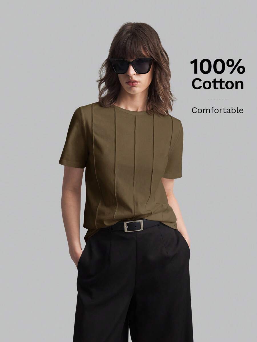Ontre 2026SS New Solid Color Minimalist Daily Wear, Women's Round Neck Short Sleeve T-Shirt, Khaki Short Sleeve, Casual Loose T-Shirt, Suitable For Valentine's Day, Summer Clothing, Business Casual, Female Vacation Beach Birthday Party, Teacher Outfit, Basic Top Back To School - Brown - View 1