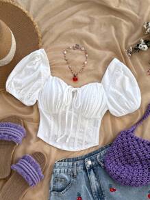 Soleia 全新褶皱胸部纹理针织开叉设计女式衬衫，适合春假、圣帕特里克节、复活节女士、音乐会女士、优雅、度假、商务休闲女士、西部、可爱、波西米亚风、乡村、端庄、街头服饰、热带、辣妹、花卉、露背 - 白色 - 查看 4