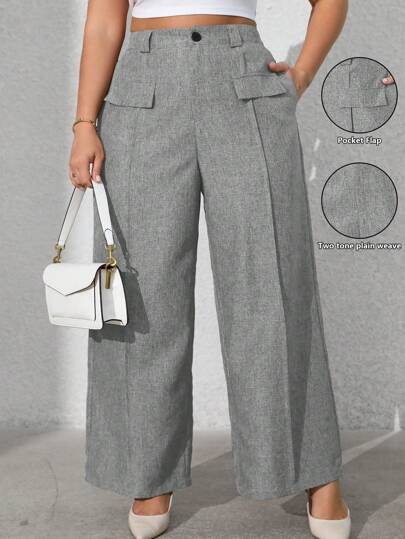 Vionelle Pantalones casuales de talla grande para mujer con bolsillo falso delantero de unicolor